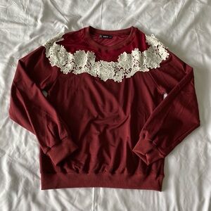 Maroon Sweater With White Lace Applique
